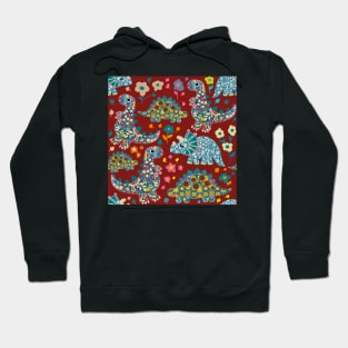 Vintage floral fabric dinosaurs with daisies on red background Hoodie